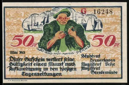 Notgeld Bremerhaven 1921, 50 Pfennig, Seemann mit Pfeife und Schiffe im Hintergrund, Anker und Pflug