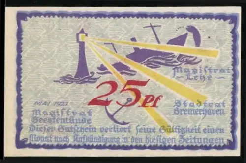 Notgeld Bremerhaven 1921, 25 Pf, Leuchtturm und Schiffswrack, Wappen und Flugzeug