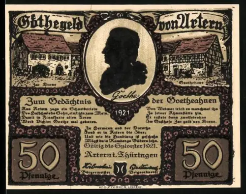 Notgeld Artern i. Thüringen 1921, 50 Pfennig, Goethe-Silhouette und historische Gebäude, Szene mit Figuren im Wald