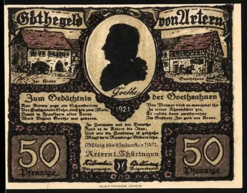 Notgeld Artern i. Thüringen 1921, 50 Pfennig, Goethe-Gedenkstätte und Landschaftsszene mit Rankenmuster