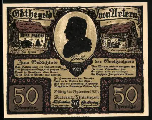 Notgeld Artern i. Thüringen 1921, 50 Pfennig, Goethe-Silhouette und ländliche Szene mit Blumenrahmen