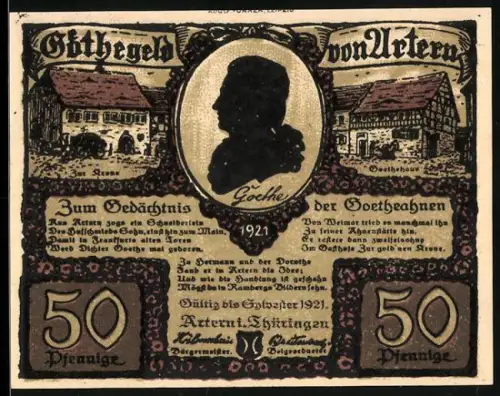 Notgeld Artern i. Thüringen 1921, 50 Pfennig, Goethe-Silhouette und historische Gebäude, zwei Personen sitzend