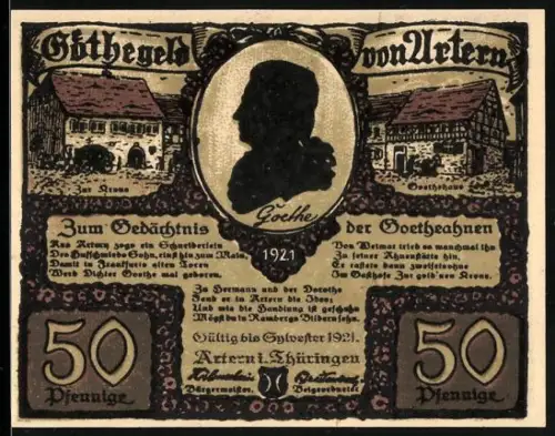 Notgeld Artern i. Thüringen 1921, 50 Pfennig, Goethe-Silhouette mit Gebäuden und Szene mit Krieger und Frau
