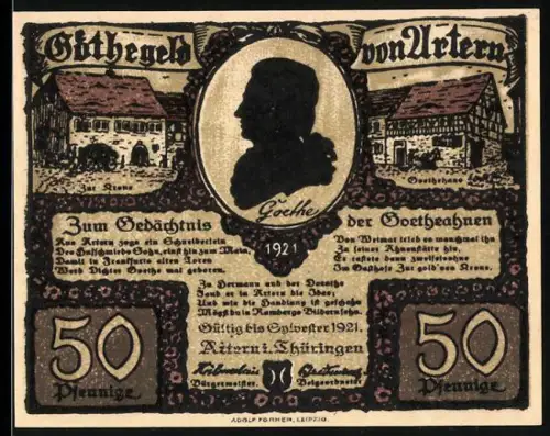 Notgeld Artern i. Thüringen 1921, 50 Pfennig, Goethe-Silhouette und Dorfszene mit Frauen mit Kind