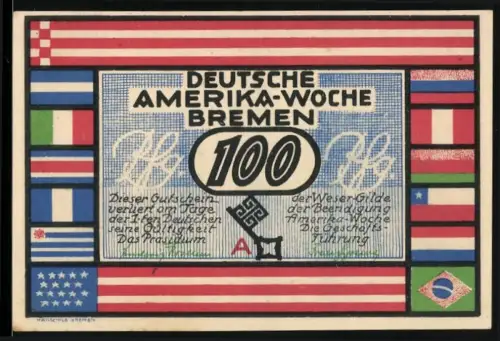 Notgeld Bremen 1923, 100 Pfennig, Deutsche Amerika-Woche mit Flaggen und Bremer Rathaus