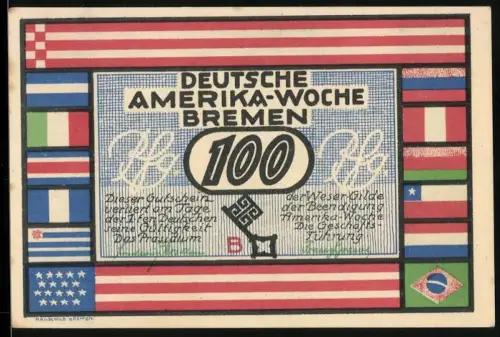 Notgeld Bremen 1923, 100 Pfennig, Deutsche Amerika-Woche, internationale Flaggen und New York Skyline