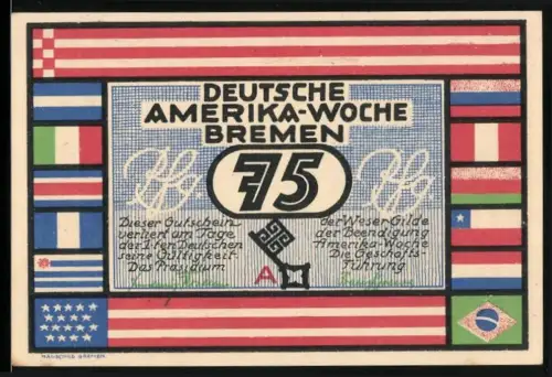 Notgeld Bremen 1923, 75 Pfennig, Deutsche Amerika-Woche mit Flaggen und Hafenansicht Bremerhaven