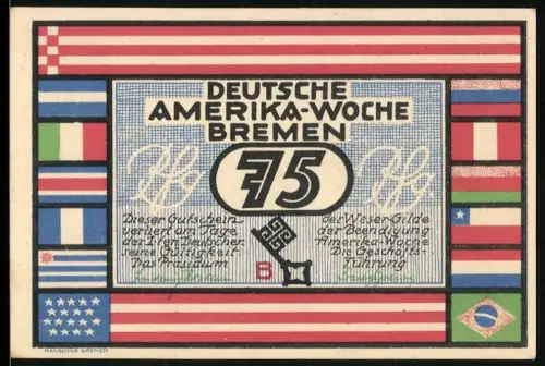 Notgeld Bremen 1923, 75 Pfennig, Deutsche Amerika-Woche mit Flaggen und Buenos Aires Ansicht