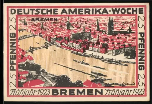 Notgeld Bremen 1923, 25 Pfennig, Ortsansicht und internationale Flaggen zur Deutschen Amerika-Woche