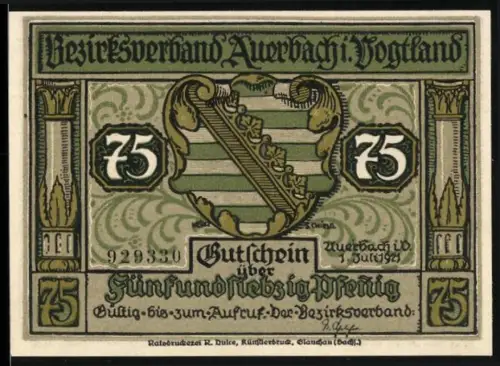 Notgeld Auerbach i. Vogtl. 1921, 75 Pfennig, Wappen und humorvolle Kochszene
