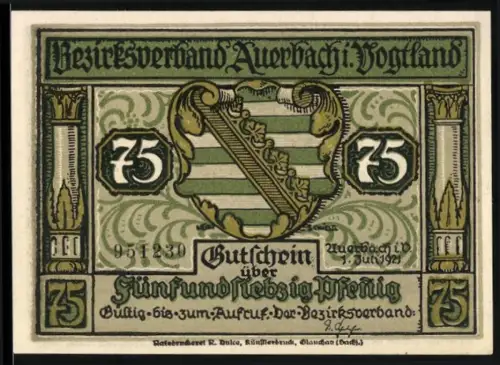 Notgeld Auerbach i. Vogtland 1921, 75 Pfennig, Wappen und historische Szene mit Figuren