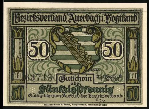 Notgeld Auerbach i. Vogtland 1922, 50 Pfennig, Wappen und Schattenspielmotiv