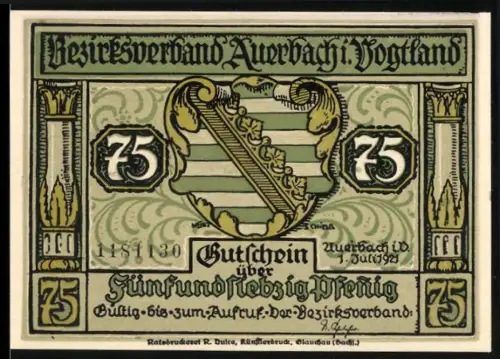 Notgeld Auerbach i. Vogtland 1921, 75 Pfennig, Wappen und Silhouette eines Riesen mit Burg im Hintergrund