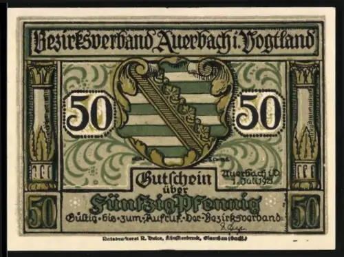 Notgeld Auerbach i. Vogtland 1921, 50 Pfennig, Wappen und dekorative Ornamente