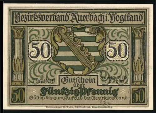 Notgeld Auerbach i. Vogtland 1921, 50 Pfennig, Wappen und humoristische Szene mit Landvogt