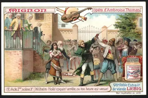 6 Sammelbilder Liebig, Serie Nr. 942: Oper Mignon, Acte II Scene 3, Acte II Scene 8, Acte I scene 6