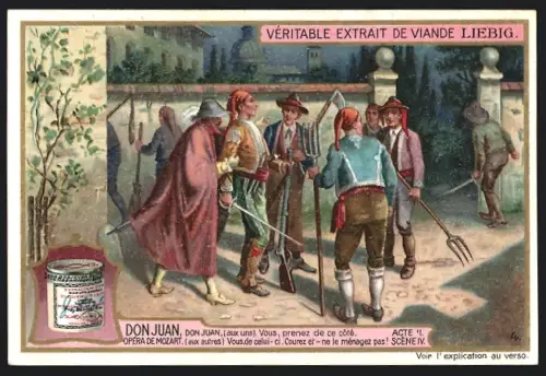 6 Sammelbilder Liebig, Serie Nr. 903: Oper Don Juan, Acte I Scene IV, Acte II Scene XIV, Acte II Scene X