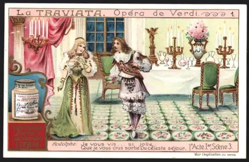 6 Sammelbilder Liebig, Serie Nr. 965: Oper La Traviata, Act 4 Scene 8, Act 3 Scene 8, Act 2 Scene 7