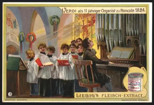 6 Sammelbilder Liebig, Serie Nr. 717: Giuseppe Verdi, Geburtshaus in Roncole, Verdi und Boito 1893