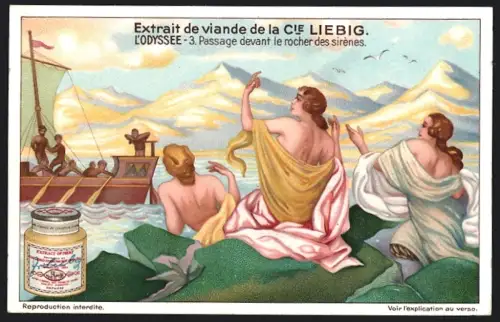 6 Sammelbilder Liebig, Serie Nr. 1197: L`Odyssee, Hermes et Ulysse, Ulyssee sauve par Leucothee