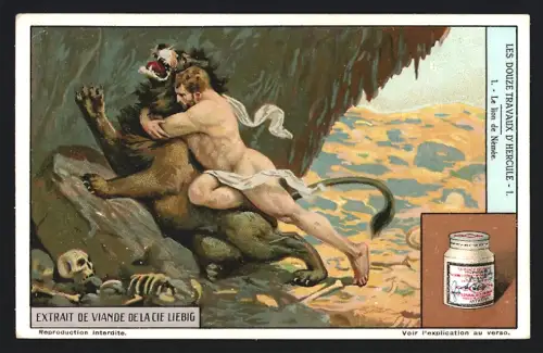 6 Sammelbilder Liebig, Serie Nr. 1206: Les Douze Travaux d`Hercule, Herkules kämpf mit dem Löwen, Herkules und die Hydra
