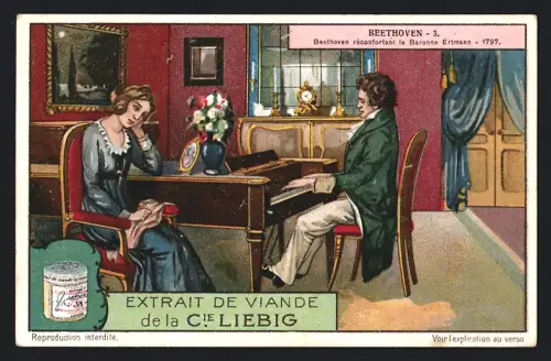 6 Sammelbilder Liebig, Serie Nr. 1203: Beethoven, Beethoven reconfortant la Baronne Ertmann 1797, Rossini rend visite