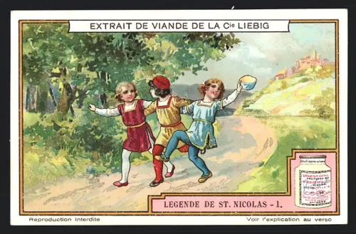 6 Sammelbilder Liebig, Serie Nr. 1210: Legende de St. Nicholas, Mann trifft Kinder im Wald, Kinder verstecken sich