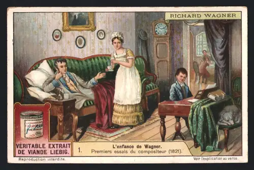 6 Sammelbilder Liebig, Serie Nr. 1083: Richard Wagner, Wagner mit Wilhelm I., Wagner in der Villa Wesendonck