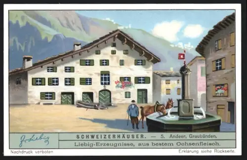 6 Sammelbilder Liebig, Serie Nr. 1274: Schweizerhäuser, Villmergen in Aargau, Faido in Tessin, Andeer in Graubünden