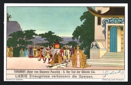 6 Sammelbilder Liebig, Serie Nr. 1402: Oper Tunrandot, Tunrandot bekennt sich zum Prinzen, vor den Mauern von Peking