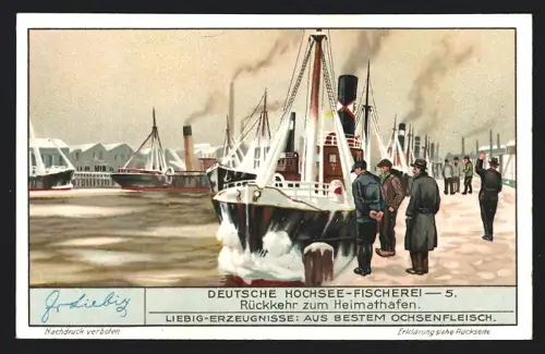 6 Sammelbilder Liebig, Serie Nr. 1297: Deutsche Hochsee-Fischerei, Ausfahrt der Flotte, Einholen des Grundnetzes