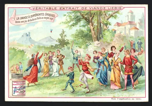 6 Sammelbilder Liebig, Serie Nr. 770: Tänze verschiedener Epochen, 15. Jahrhundert, mittelalterlicher Tanz aus Italien