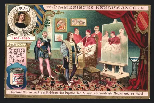 6 Sammelbilder Liebig, Serie Nr. 794: Italienische Renaissance, Tizian Vecelli mit Kaiser Karl V. Antonio Allegri