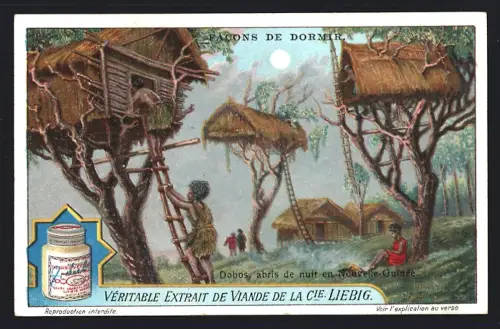 6 Sammelbilder Liebig, Serie Nr. 1166: Facons de Dormir, Chambre a coucher en Suede, Couche en pierre des Afghans