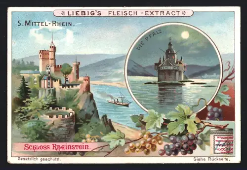 6 Sammelbilder Liebig, Serie Nr. 681: Hoch-Rhein, Rheingau, Nieder-Rhein, Hinter-Rhein, Ober-Rhein und Mittel-Rhein