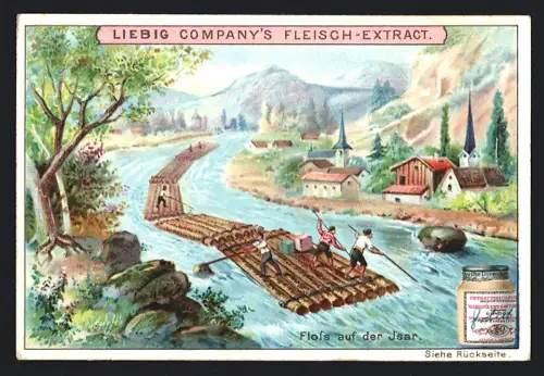 6 Sammelbilder Liebig, Serie Nr. 721: Doppelboot der Fischiinsulaner, Floss auf der Isar, Mississippi-Boot