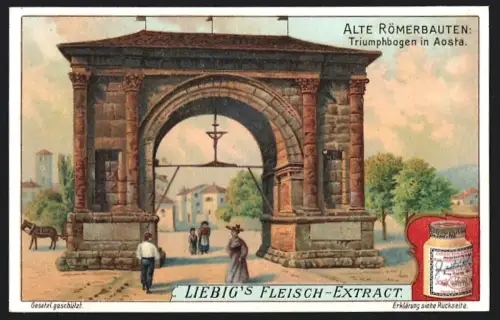 6 Sammelbilder Liebig, Serie Nr. 923: Alte Römerbauten, Porta Nigra, Amphitheater zu Nimes, Castel Sant`Angelo