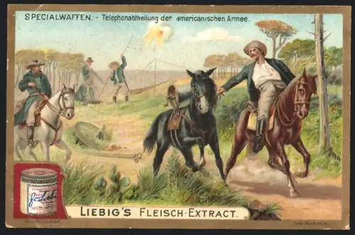 6 Sammelbilder Liebig, Serie Nr. 691: Specialwaffen, Stelzenabteilung, Fahrradgeschütz, Englischer Panzerzug