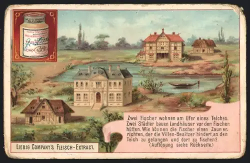 6 Sammelbilder Liebig, Serie Nr. 420: Rätsel, Zwei Fischer, Grabenüberquerung, Koch mit drei Gehilfen, Zwei Beduinen