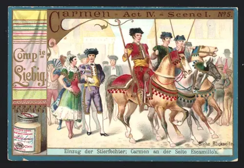 6 Sammelbilder Liebig, Serie Nr. 454: Carmen, Einzug der Stierfechter, Sergeant José, Messerkampf, Carmens Tod