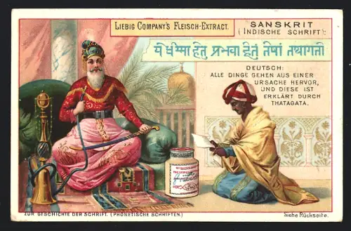 6 Sammelbilder Liebig, Serie Nr. 426: Sanskrit, Hebräische, Lateinische, Arabische, Griechische und Russische Schrift