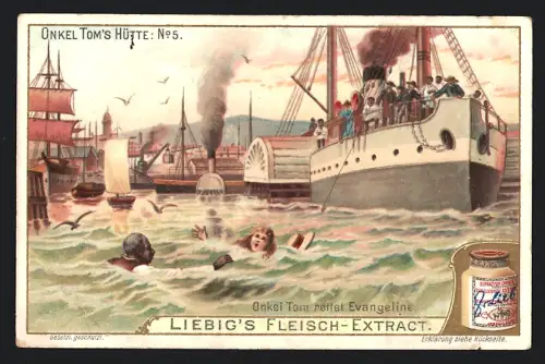 6 Sammelbilder Liebig, Serie Nr. 762: Onkel Toms Hütte, Haley verfolgt Elisa, Kampf gegen Sklavenjäger, Toms Ende