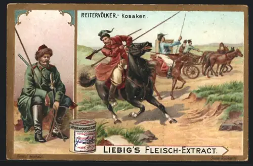 6 Sammelbilder Liebig, Serie Nr. 724: Reitervölker, Hunnen, Magyaren, Tscherkessen, Kosaken, Araber