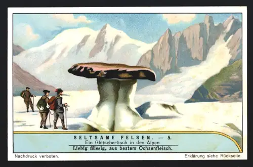 6 Sammelbilder Liebig, Serie Nr. 1253: Seltsame Felsen, Büste der Italia, Weinende Frau am Glen River, Gletschertisch