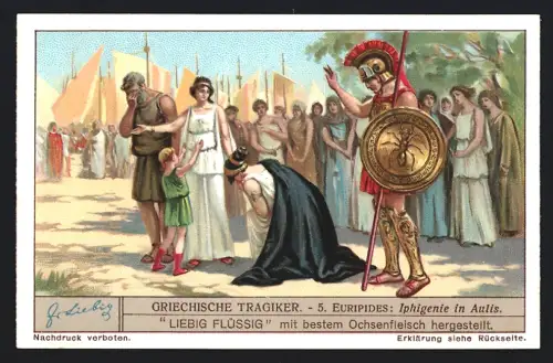 6 Sammelbilder Liebig, Serie Nr. 1245: Griechische Tragiker, Äschylos, Sophokles, Alkestis, Euripides