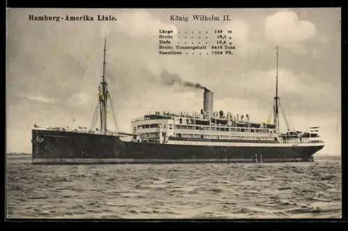 AK Passagierschiff König Wilhelm II. der Hamburg-Amerika-Linie in Küstennähe