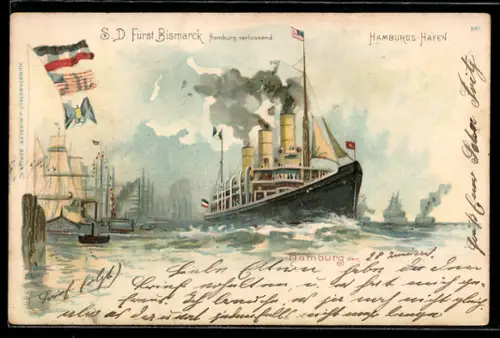 Lithographie Passagierschiff Fürst Bismarck Hamburg verlassend