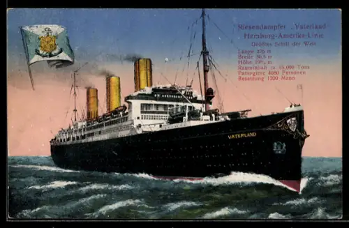 AK Passagierschiff Vaterland der Hamburg-Amerkia-Linie auf Fahrt