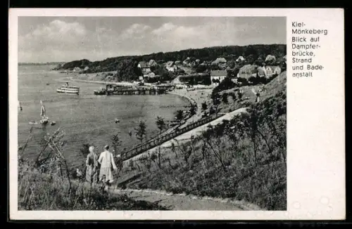 AK Kiel-Mönkeberg, Dampferbrücke, Strand, Badeanstalt
