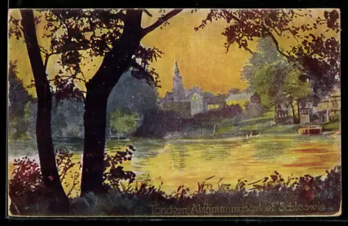 Künstler-AK Tondern, Abstimmungsgebiet Schleswig, Ortsansicht mit Kirche und Fluss